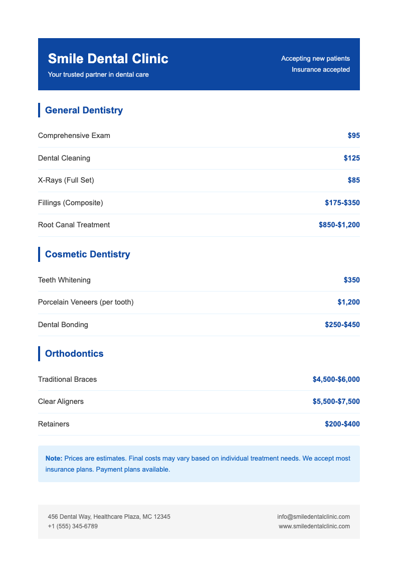 Dental clinic price list Template